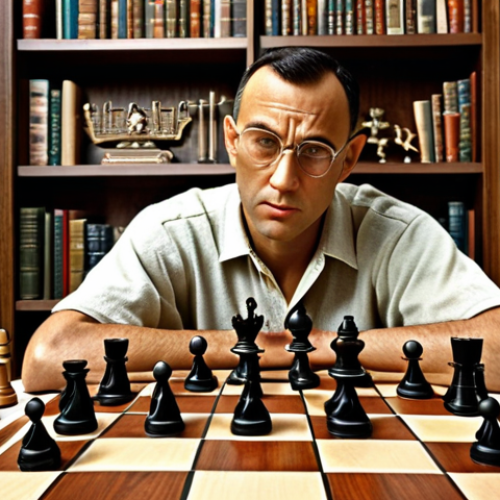Home 11 **
Prompt: Forrest Gump playing chess, intensely focused, surrounded by books and trophies. Intricate chess board, realistic, high detail, hints of mathematical equations in background, intelligent expression, subtle humor.
**