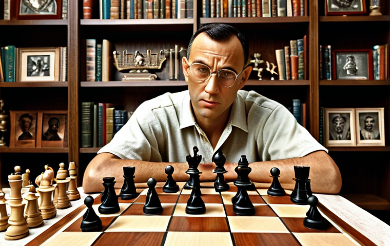 **
Prompt: Forrest Gump playing chess, intensely focused, surrounded by books and trophies. Intricate chess board, realistic, high detail, hints of mathematical equations in background, intelligent expression, subtle humor.
**