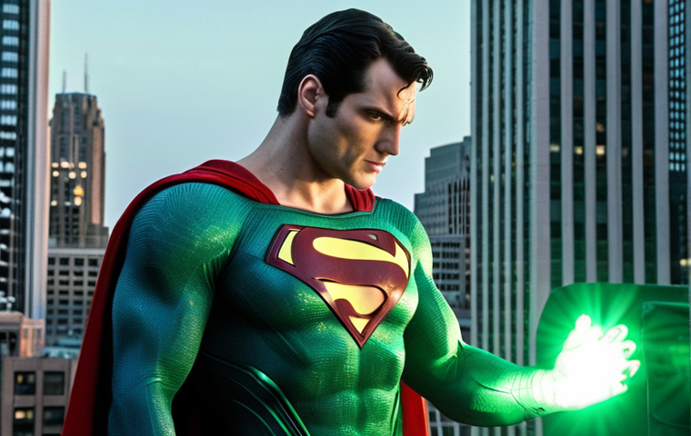 **
"Superman standing tall in Metropolis, embodying unwavering morality. Kryptonite faintly glows nearby, hinting at his vulnerability. Bright, hopeful atmosphere contrasting with a subtle undercurrent of challenge."
**