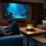 아바타 OTT 시청법 - **Prompt 1: Immersive Family Movie Night on Pandora**
    "A cozy living room at night, with dim, wa...