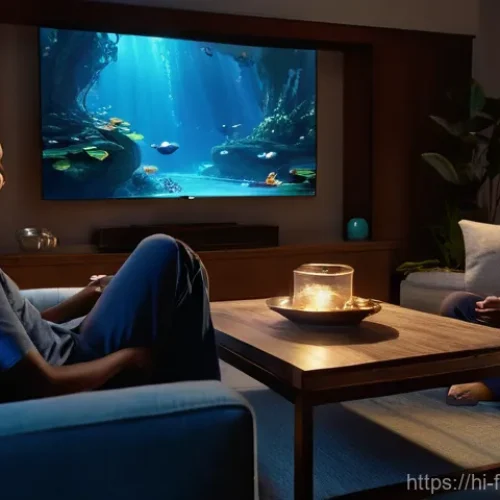 아바타 OTT 시청법 - **Prompt 1: Immersive Family Movie Night on Pandora**
    "A cozy living room at night, with dim, wa...