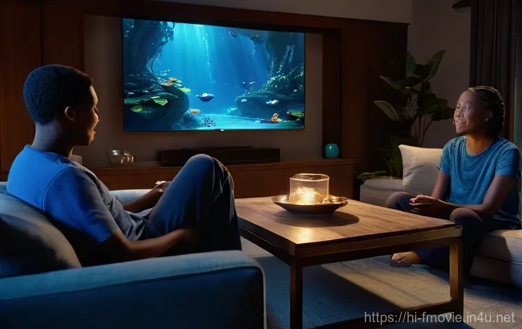 아바타 OTT 시청법 - **Prompt 1: Immersive Family Movie Night on Pandora**
"A cozy living room at night, with dim, wa...