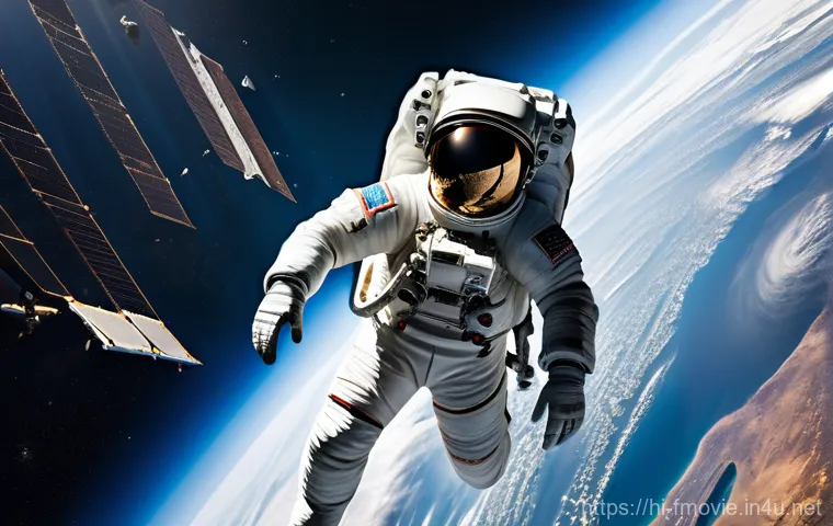 그래비티 제작 비하인드 - **Prompt:** A solo female astronaut, wearing a sleek, modern spacesuit, floats gracefully within a f...