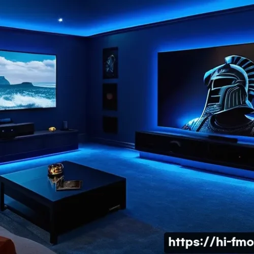 글래디에이터 블루레이 구매 - A cinematic home theater setup featuring a high-resolution Blu-ray player connected to a large 4K TV...