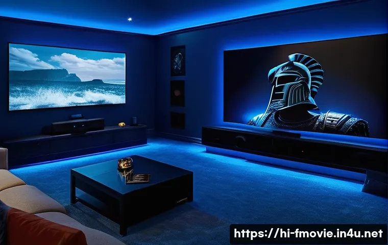 글래디에이터 블루레이 구매 - A cinematic home theater setup featuring a high-resolution Blu-ray player connected to a large 4K TV...