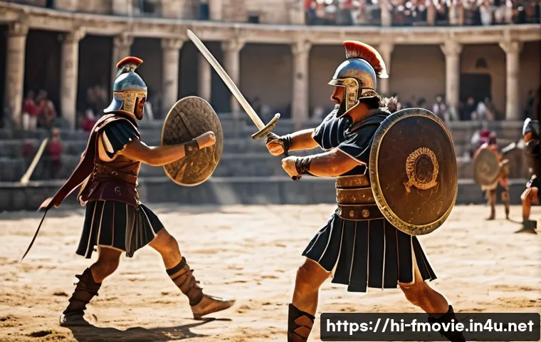 글래디에이터와 역사 비교 - A detailed scene of ancient Roman gladiators in a training arena, wearing traditional gladiator armo...
