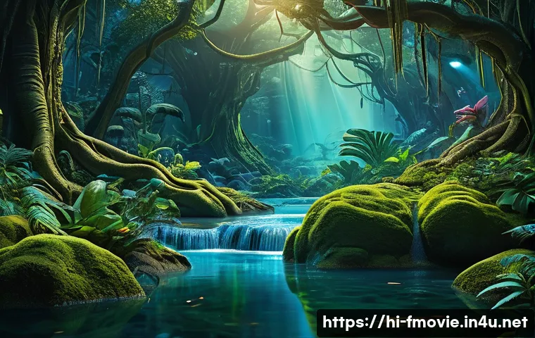 아바타 영화 소개 - A vibrant, lush alien jungle scene on the planet Pandora featuring the iconic “Hallelujah” tree glow...
