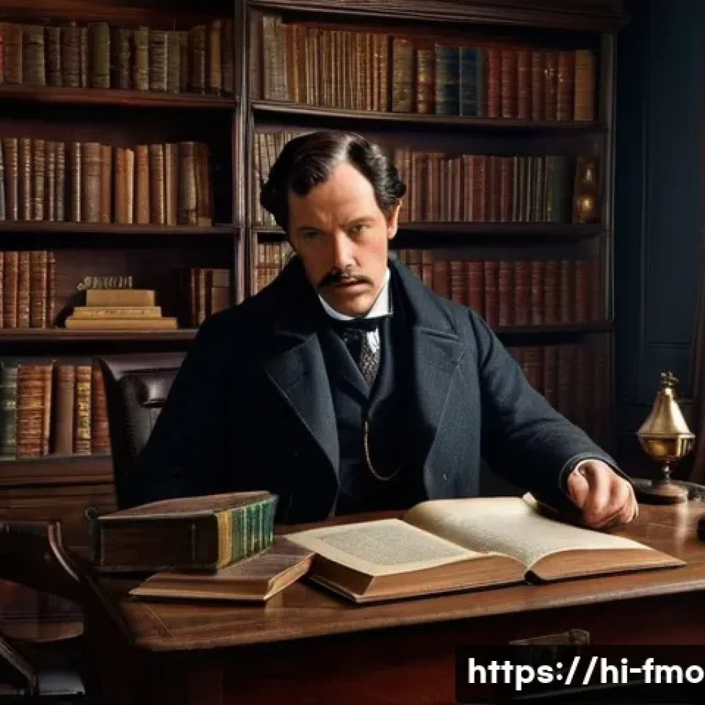 셜록 홈즈 제작 비하인드 - A detailed Victorian-era Sherlock Holmes study room interior, richly decorated with dark wood furnit...
