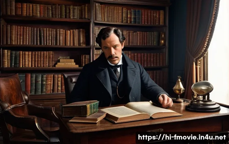 셜록 홈즈 제작 비하인드 - A detailed Victorian-era Sherlock Holmes study room interior, richly decorated with dark wood furnit...