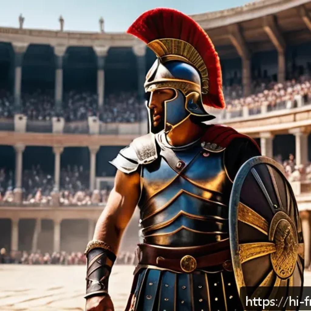 글래디에이터 스토리 분석 - A detailed and dramatic scene of a Roman gladiator in full armor, standing in a grand ancient arena ...