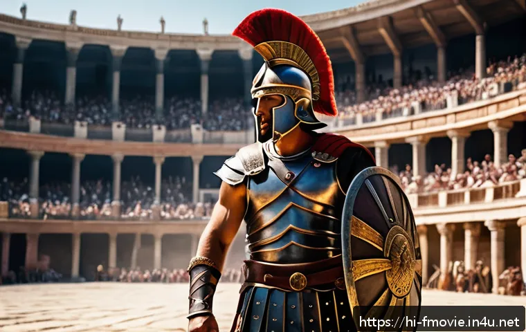 글래디에이터 스토리 분석 - A detailed and dramatic scene of a Roman gladiator in full armor, standing in a grand ancient arena ...