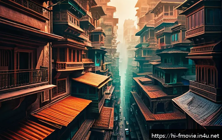 인셉션 제작 비하인드 - A surreal dreamscape featuring multiple layered dream worlds stacked vertically, each with distinct ...
