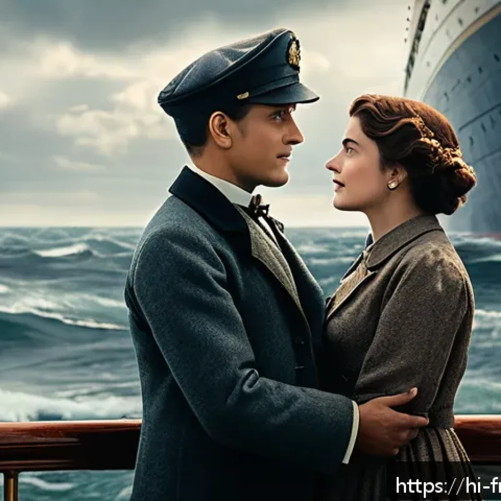 타이타닉 명장면 - A cinematic scene depicting a man and woman standing at the bow of a grand early 20th-century ocean ...