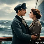 타이타닉 명장면 - A cinematic scene depicting a man and woman standing at the bow of a grand early 20th-century ocean ...