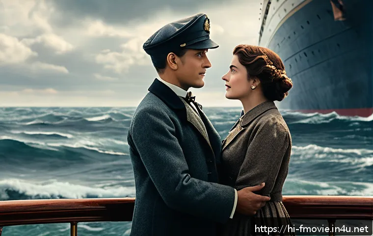타이타닉 명장면 - A cinematic scene depicting a man and woman standing at the bow of a grand early 20th-century ocean ...